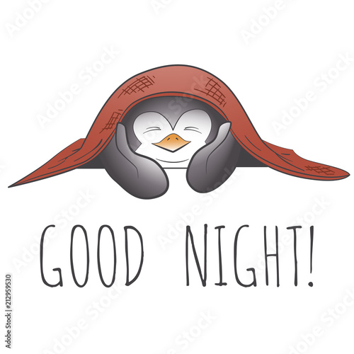 Cute sleeping penguin cartoon character; penguin under blanket; vector illustration EPS10