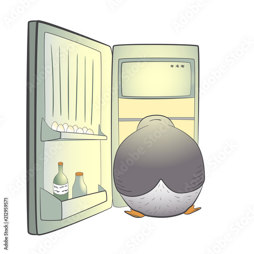 Cute penguin cartoon character looking for food in refrigerator; penguin and a freezer; vector illustration EPS10