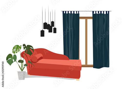 interior design vector illustration. home ghouse decor decoration. furniture drawing. chaise longue cheslong, window, lamp, plant. modern design. bedroom. relax rest. woman lady.