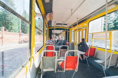 tram inside. passengers in urban transport