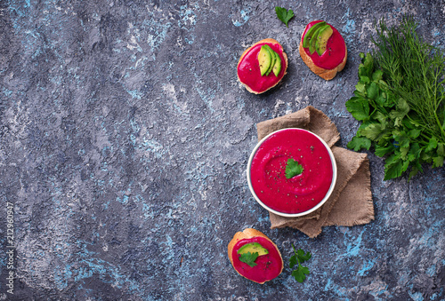 Beetroot hummus. Healthy vegan appetizer photo