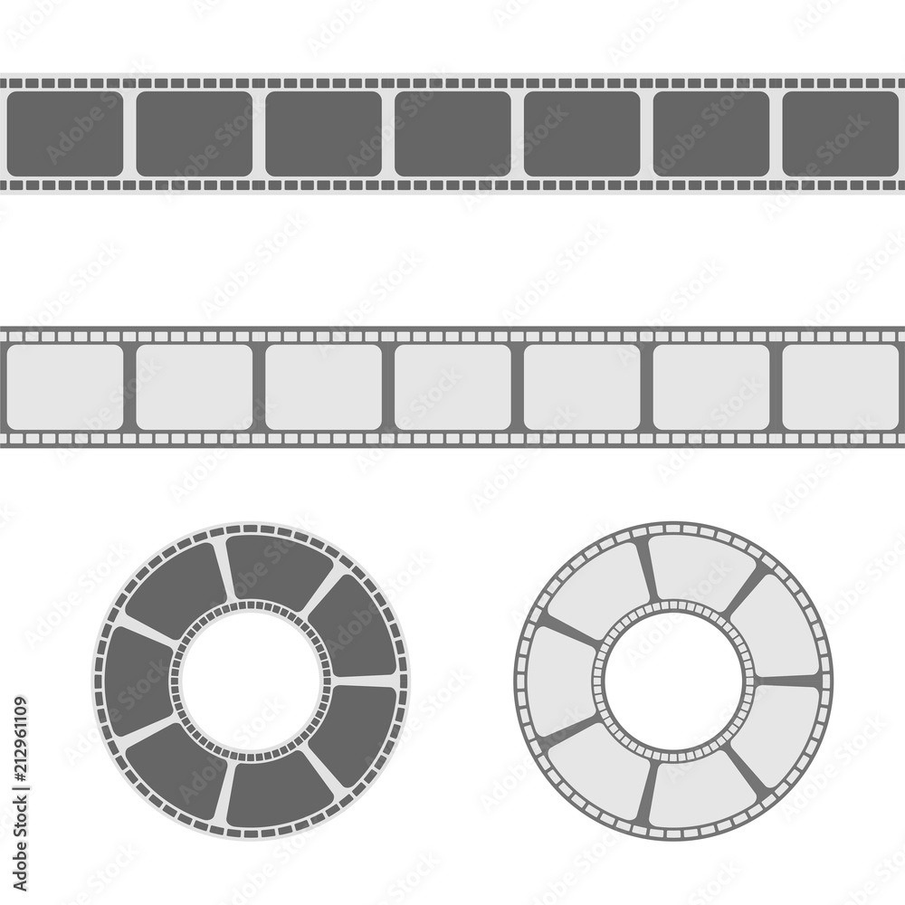 Strip film vector brush in grey tints with perforated cadres. Vintage movie frame. Video production symbol for borders, frames isolated on white background. Cinematography, premiere banners, posters.