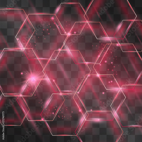 Glass hexagon neon red alarm honeycombs cluster with scarlet flares and hazy lights on transparent background. Modern hi tech style vector geometric backdrop. Crystal futuristic structures. photo
