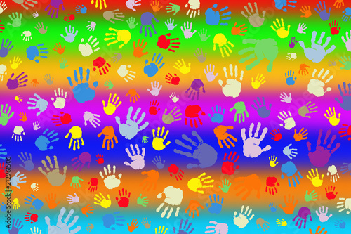 Background of many color prints of hands on a rainbow background