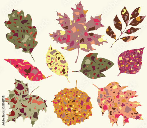 Autumn leaves hand drawn vector illustration - colored with abstract terrazzo pattern