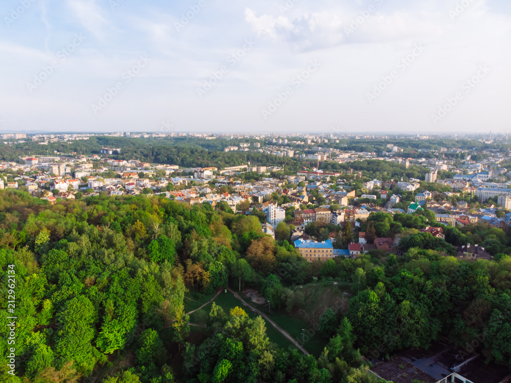 Fototapeta premium aerial view of city on sunlight