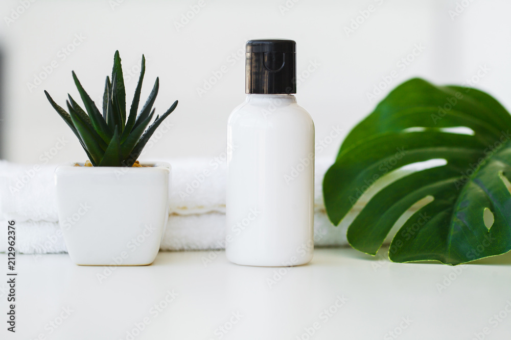 Spa. Natural domestic products for skincare. Personal Hygiene Items With Decorative Sprigs on a White Wooden Background