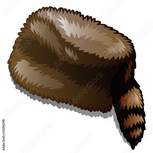 Fur winter hat with tail isolated on white background. Vector cartoon close-up illustration. photo