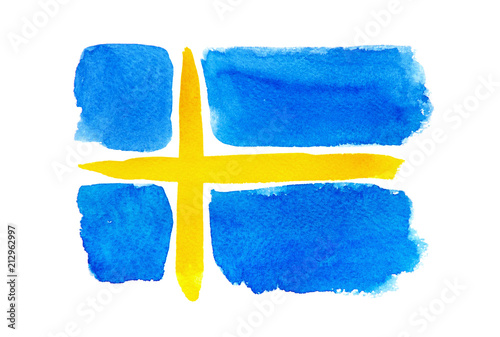 Fotografie The Swedish flag painted on white paper with watercolor