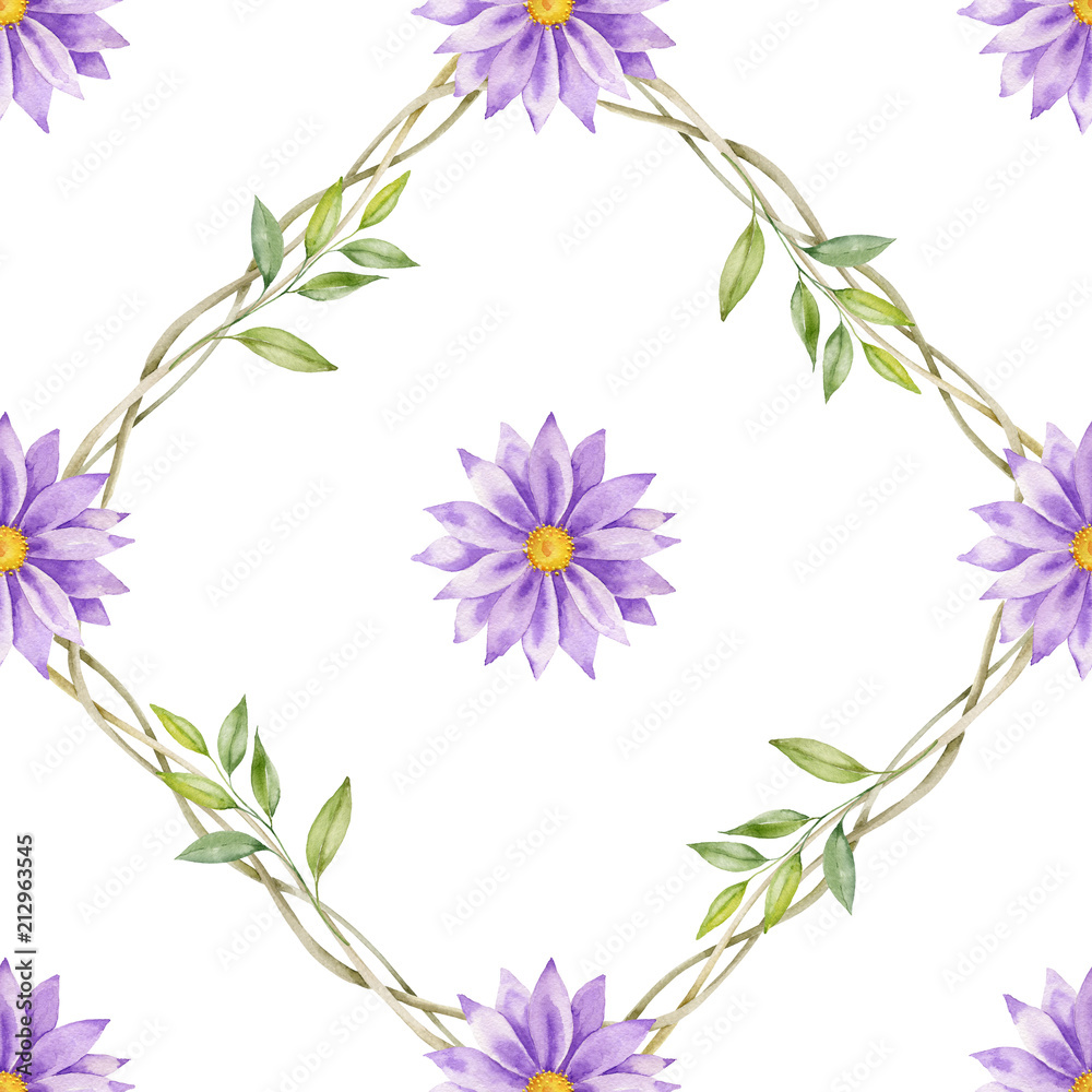 Watercolor hand painted seamless pattern of violet flowers.