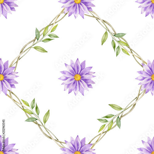 Watercolor hand painted seamless pattern of violet flowers.