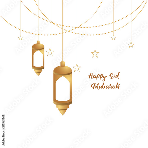 Ramadan mubarak background. Happy eid mubarak greeting card design with lantern vector illustration. Lantern realistic illustration. Lantern illustration with golden color.