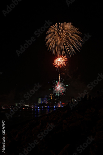 Fireworks explode over the Des Moines skyline. The Financial Center and EMC buildings are lit up for the Independence Day holiday.