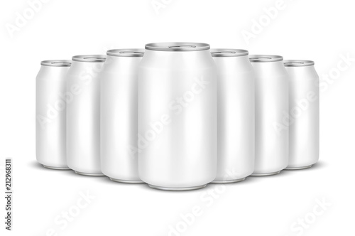 Vector realistic 3d empty glossy metal white aluminium beer pack or can visual 330ml stack. Can be used for lager, alcohol, soft drink, soda, fizzy pop, lemonade, cola, energy drink, juice, water etc