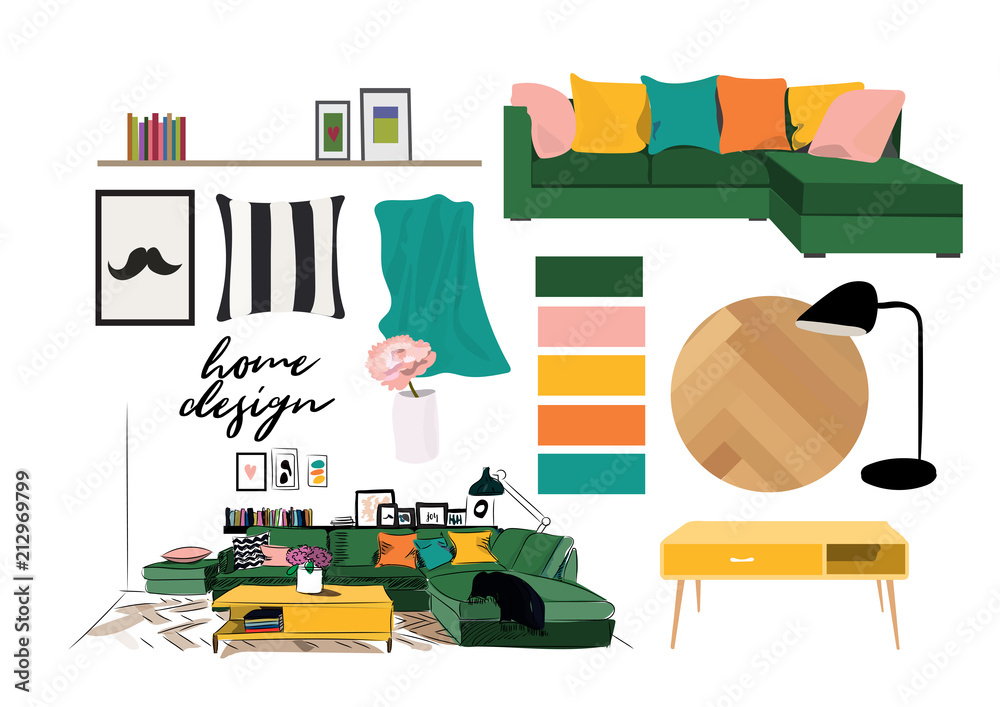 vector interior design illustration. furniture collection elements ...