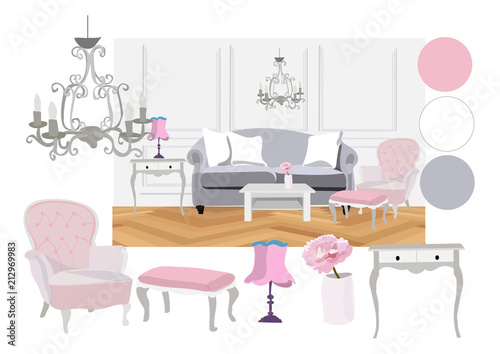  interior design vector illustration. collection of furniture elements. home decor. living room bedroom decoration. interior design mood board.