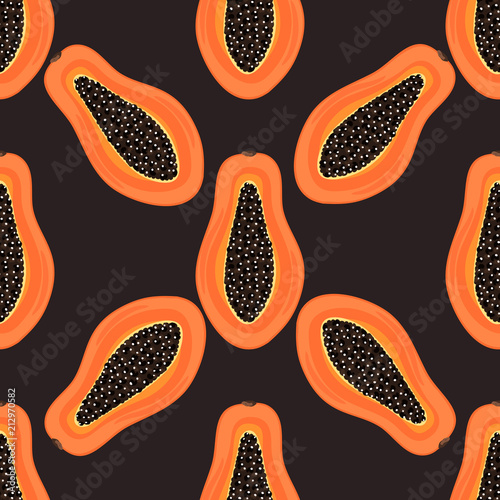 Seamless pattern with tropical fruits. Healthy dessert. Fruity background. Carica papaya. Exotic food. Wrapping paper, print on clothes, wallpaper, summer banner. Vector illustration, eps10
