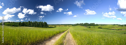 Summer panorama landscape with country road in the field of green grass lit with sunshine and beautiful clouds