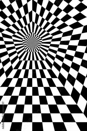 The Contrast Abstract Black and White Geometric Pattern with Stripes and Pentagons. A Optical Psychedelic Illusion. A Wicker Structural Texture. Raster Illustration