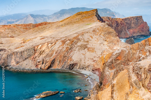 Red cliffs and blue sea at San Lorenzo cape on Madeira island