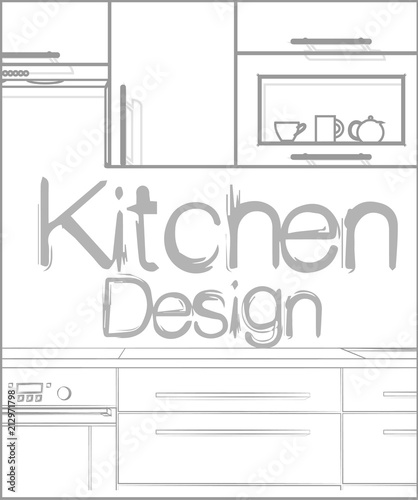 Illustration of a kitchen silhouette on a white background. Kitchen interior design. Kitchen illustration