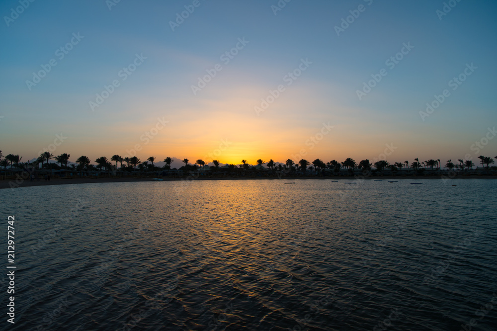 One more perfect sunset. Sunset on sea coast with palm trees and sun reflection water. Silhouette of palm trees tropical island paradise evening. Enjoy paradise beauty sunset on tropical beach resort