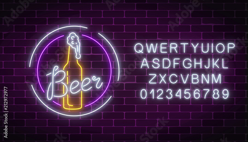 Glowing neon signboard of beer bottle and glass in round frames with alphabet. Luminous advertising sign of beer bar.