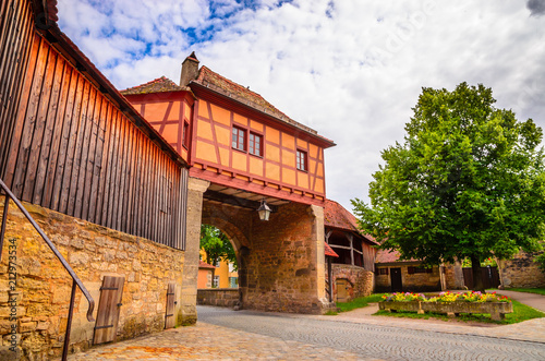 Beautiful streets in Rothenburg ob der Tauber with traditional German houses, Bavaria, Germany