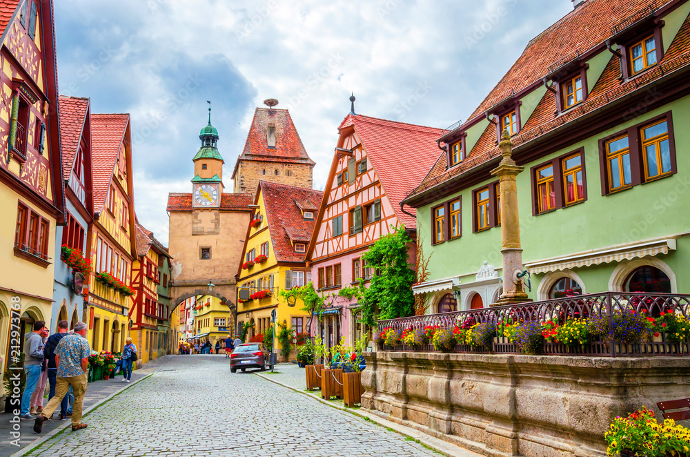 Beautiful streets in Rothenburg ob der Tauber with traditional German houses, Bavaria, Germany