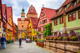 Beautiful streets in Rothenburg ob der Tauber with traditional German houses, Bavaria, Germany