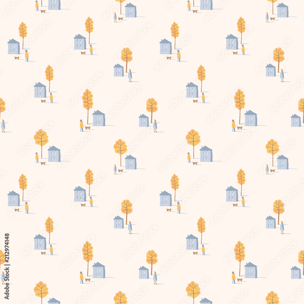 Vector seamless pattern of walking people with dogs among yellow trees and houses. Autumn mood.