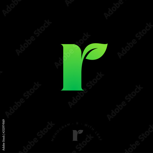 R letter, UI logo. Abstract R letter with leaf. Nature, spa or eco logo. Organic emblem.
