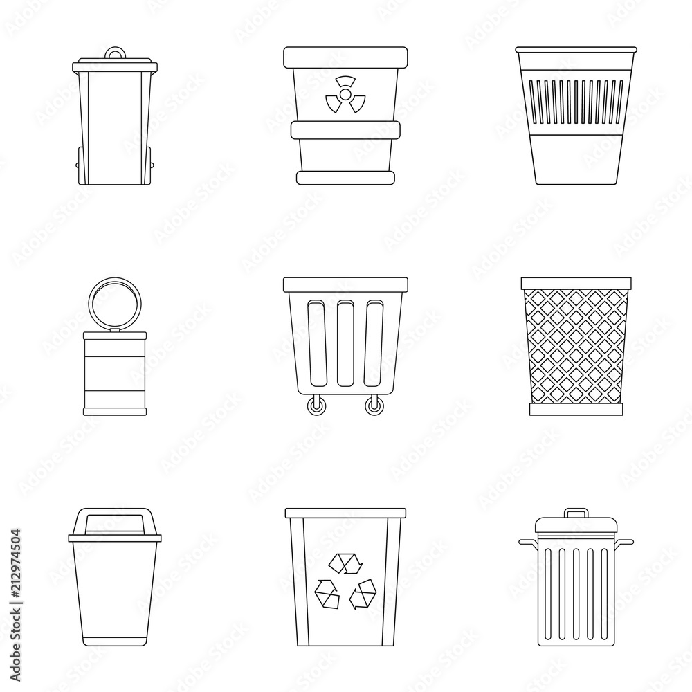 Garbage storage icon set. Outline style set of 9 garbage storage vector icons for web isolated on white background Garbage storage icon set. Outline style set of 9 garbage storage vector icons for web isolated on white background