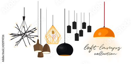 industrial style lamps collection. vector illustration. web site banner. online shop  logo advert. interior design. loft style. designer decor
