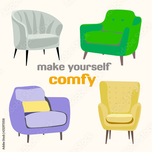 vector chair collection illustration.  furniture element set. modern contemporary home house decor. trendy trend designer armchair. for children book flyer advert web site banner.