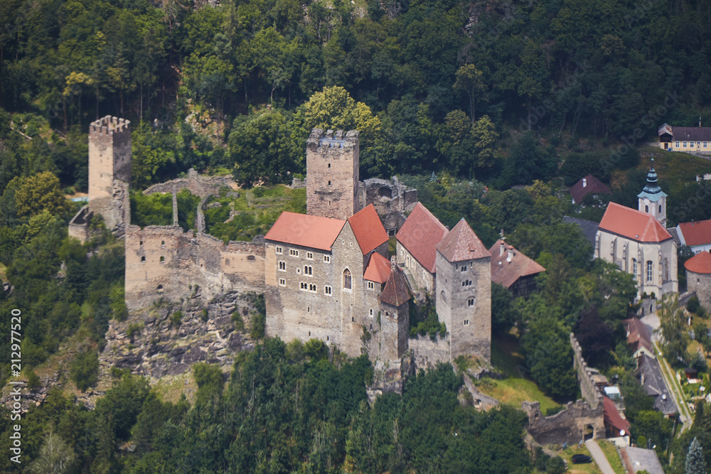 Aerial closeup view of medieval castle Hardegg in Austria.