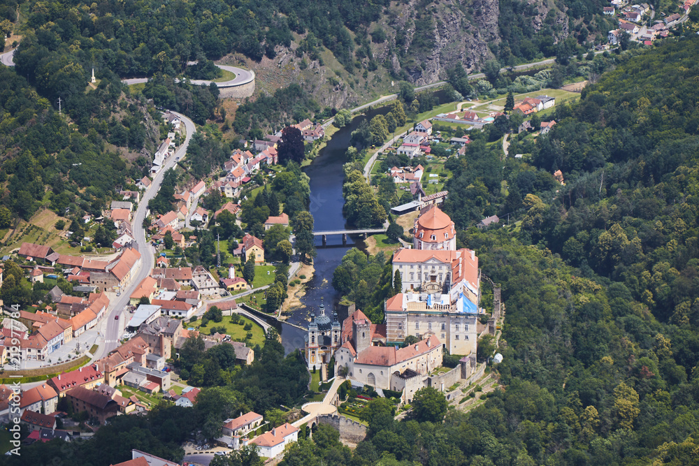 Aerial view of town Vranov Nad Dyji with castle and river Dyje in South Moravia, Czech Republic.