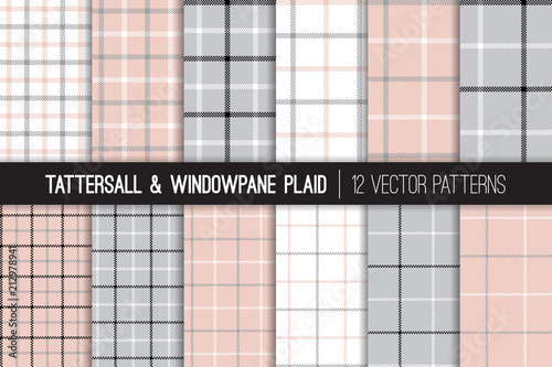 Pink, Gray, Black and White Tattersall & Windowpane Plaid Vector Patterns. Trendy Fashion Textile Print. Pastel Color Backgrounds. Small to Large Scale Check Textile Prints. Pattern Tile Swatches Incl