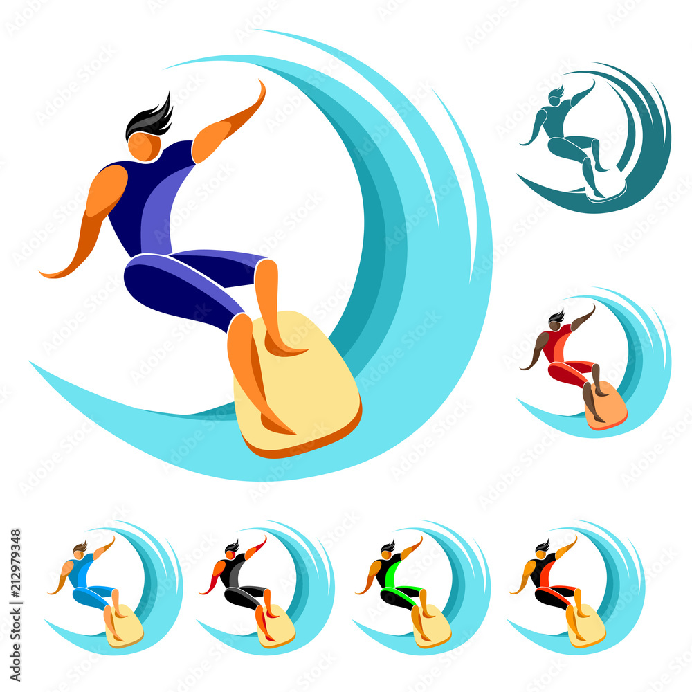 surfing, surfboard on the board slides on the wave. color logo, icon, sign, emblem, symbol surfing, surfboard on the board slides on the wave. color logo, icon, sign, emblem, symbol