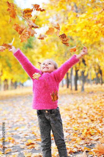 Cute little girl plays with an autumn leaves in park. 