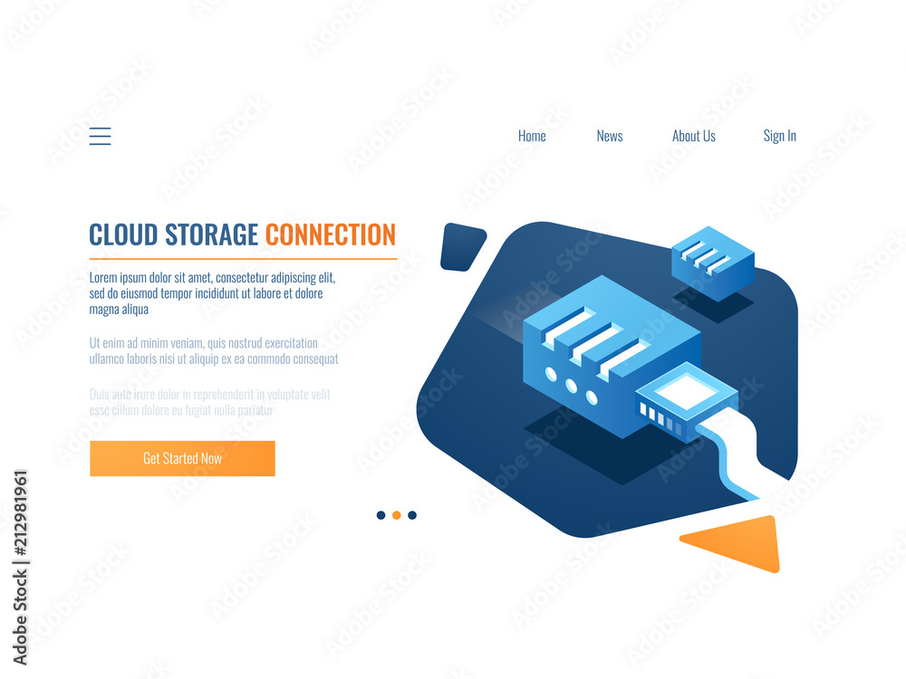 Fototapeta premium Data backup, cloud storage of clone data system, file warehouse service, plugin at network server room and datacenter isometric vector
