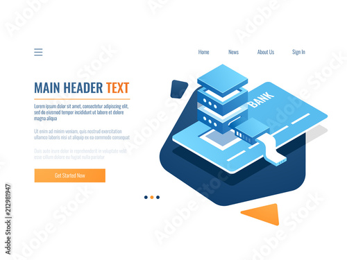 Electron payment and pay system, protection and encrypted money transfer operation, bank billing, credit card and server room isometric vector