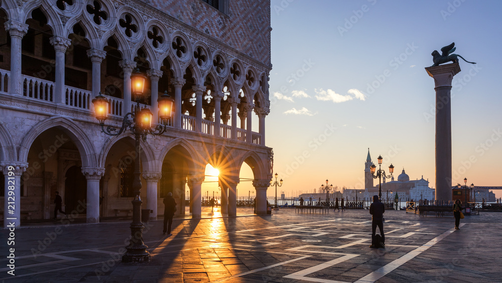 Sunrise in San Marco square, Venice, Italy. Venice Grand Canal. Architecture and landmarks of Venice. Venice postcard with Venice gondolas