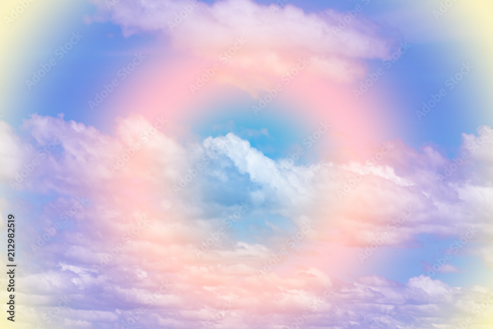 Fototapeta premium Sweet pastel colored cloud and sky with sun light, soft cloudy with gradient pastel color background.
