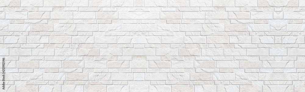 Panorama of white modern stone wall pattern and background - obrazy, fototapety, plakaty 