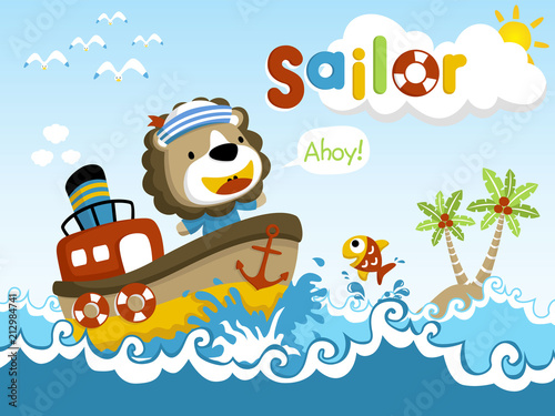 Funny Sailor cartoon vector on little ship