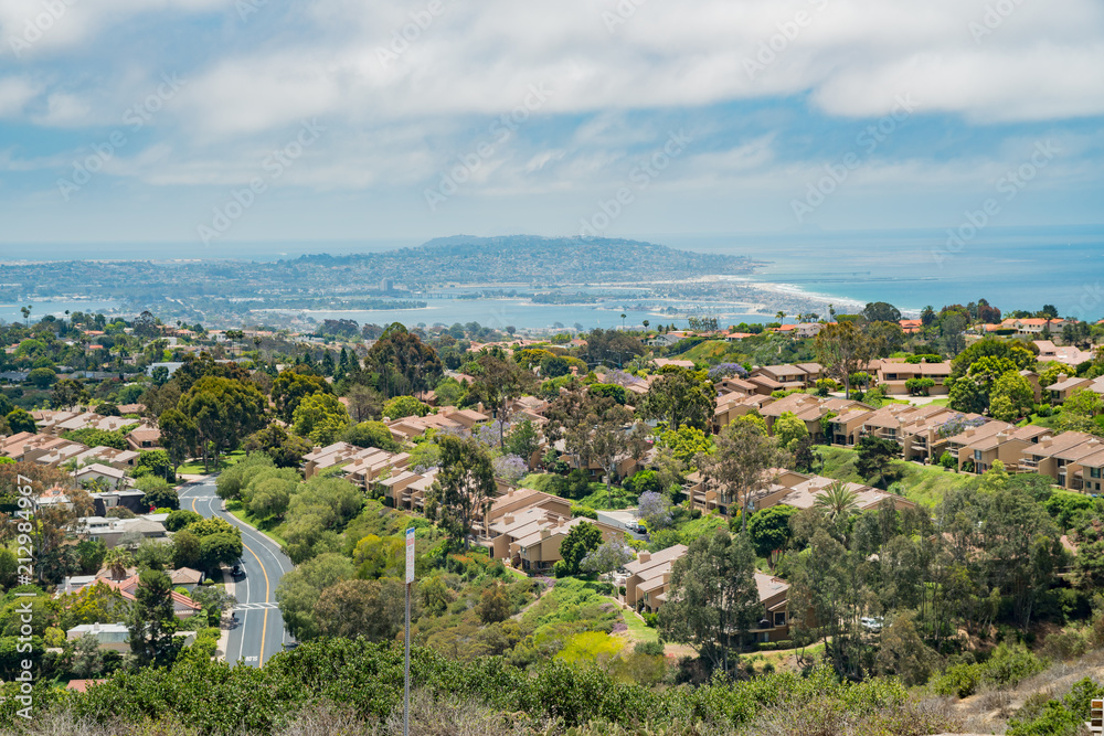 Aerial view of the beautiful landscape and cityscape around La Jolla area