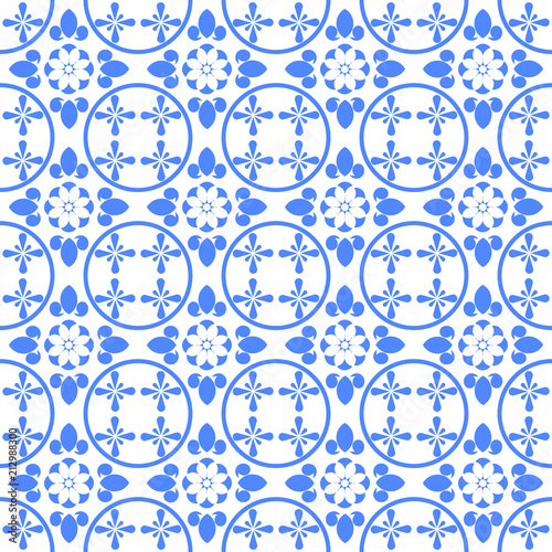 Blue and white ceramic tile seamless pattern. Vintage style porcelain background. Repeat pattern design for ceiling, texture, wall, paper and textile. Vector illustration. 