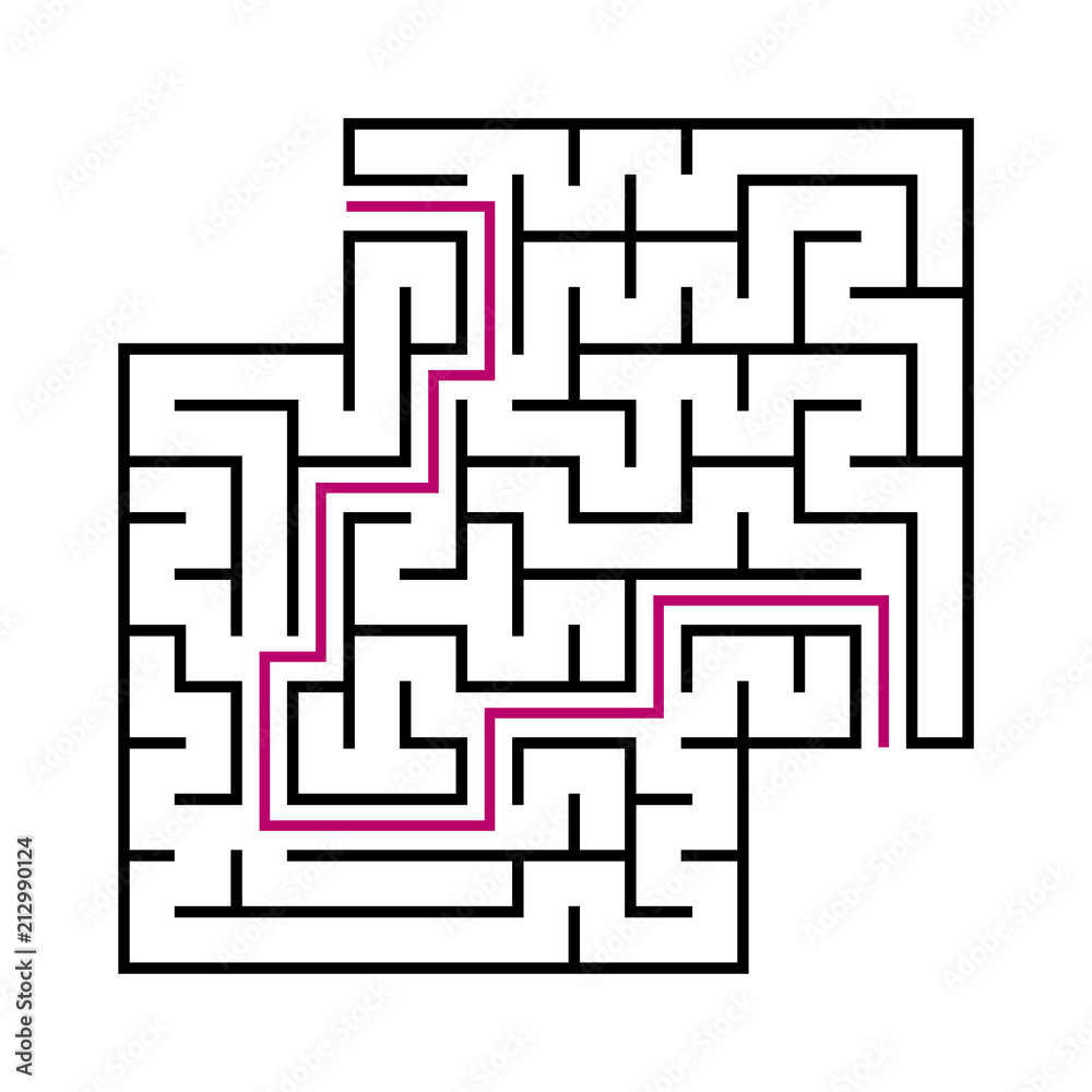 Black square maze for children. Simple flat vector illustration isolated on white background. With the answer. With a place for your images.