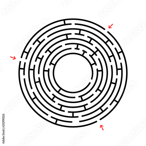 Round labyrinth. An interesting and useful game for children and adults. Simple flat vector illustration isolated on white background. With three entrances.